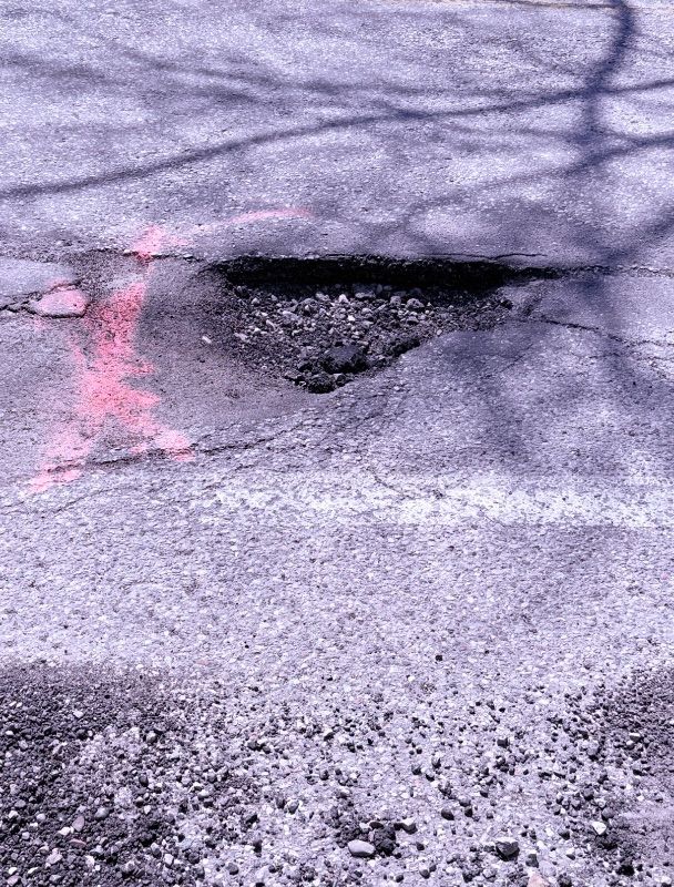 Pothole at 98, Belmont Avenue West, St. Mary's, Kitchener, Region of Waterloo, Ontario, N2M 1J3, Canada